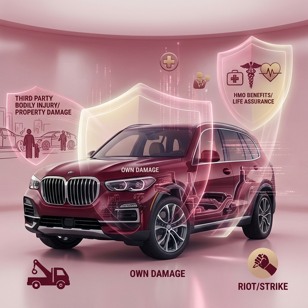 An SUV surrounded by AutoMax covers: own damage, third party bodily injury/property damage, HMO benefits/life assurance, towing, and riot/strike.